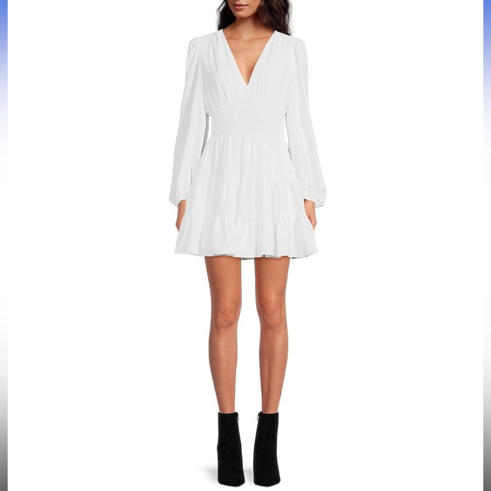Talia Linen V-Neck Long Sleeve Smocked Waist Tiered Mini Dress